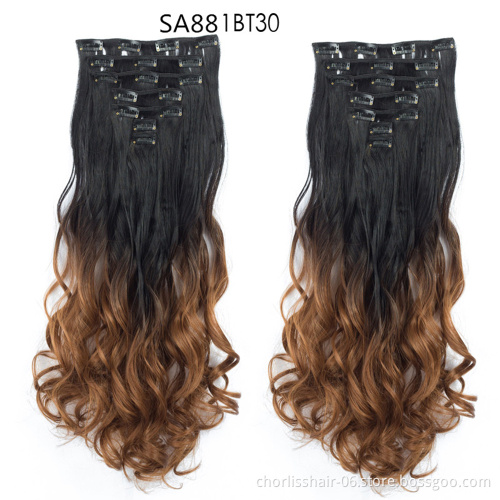 Wholesale Deep-Brown Ombre Clip-on Hair Extensions Long Curl Wavy High Resistant Synthetic Clip In Hair Extension For Women